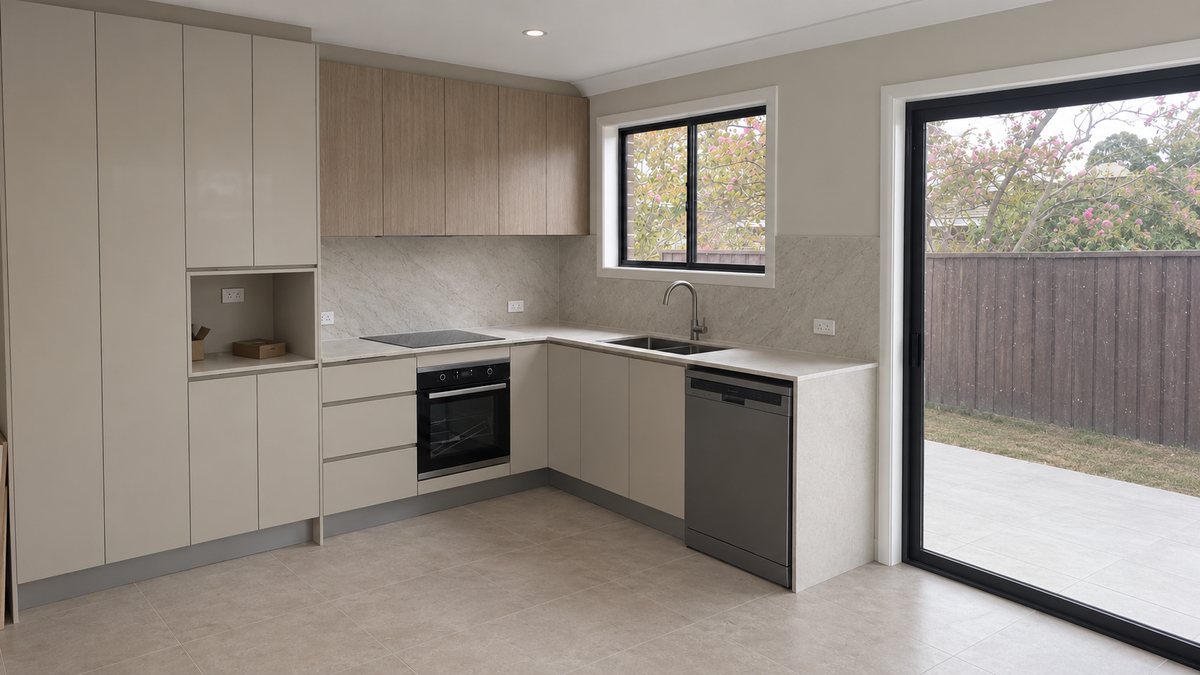 Chipping Norton kitchen after renovation, with two-tone cabinetry, stone benchtops and a servery to the alfresco area